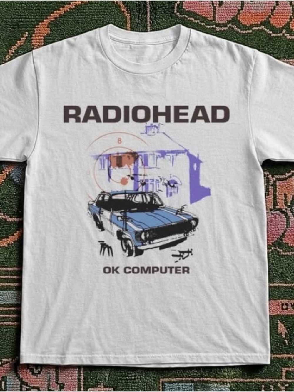 Gildan White Radiohead OK Computer Tee with Blue and Purple Artwork
